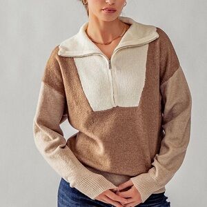 The Workshop Karla camel Colorblock Quarter Zip Sweater Sz Womens L